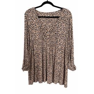 Kim Rogers 2X Leopard Print Tunic Top Boho Soft Stretch Roll Tab Sleeve